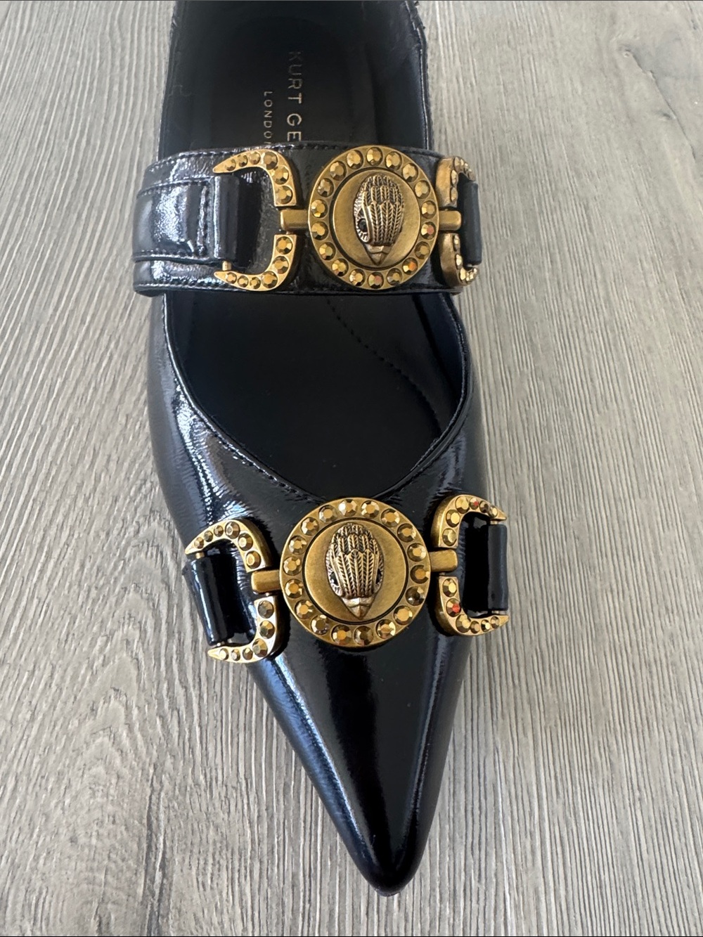 Kurt Geiger Black Patent Pointed Flats with Gold Medallion Accents - Picture 4 of 8